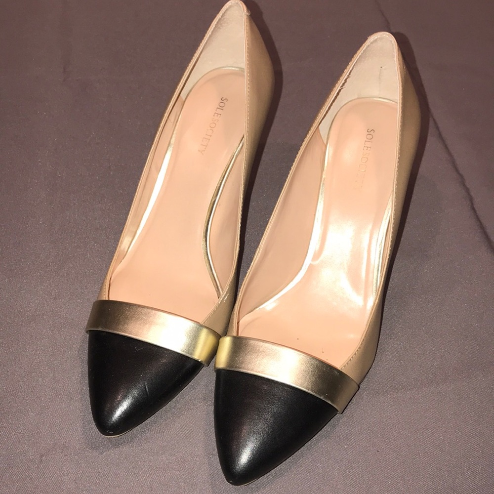 Taupe Pumps with Black and Gold Toe Caps